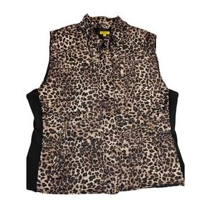 Daisy Leopard Print Quilted Puffer Vest Womens 2XL Mock Neck Gold Hardware Brown